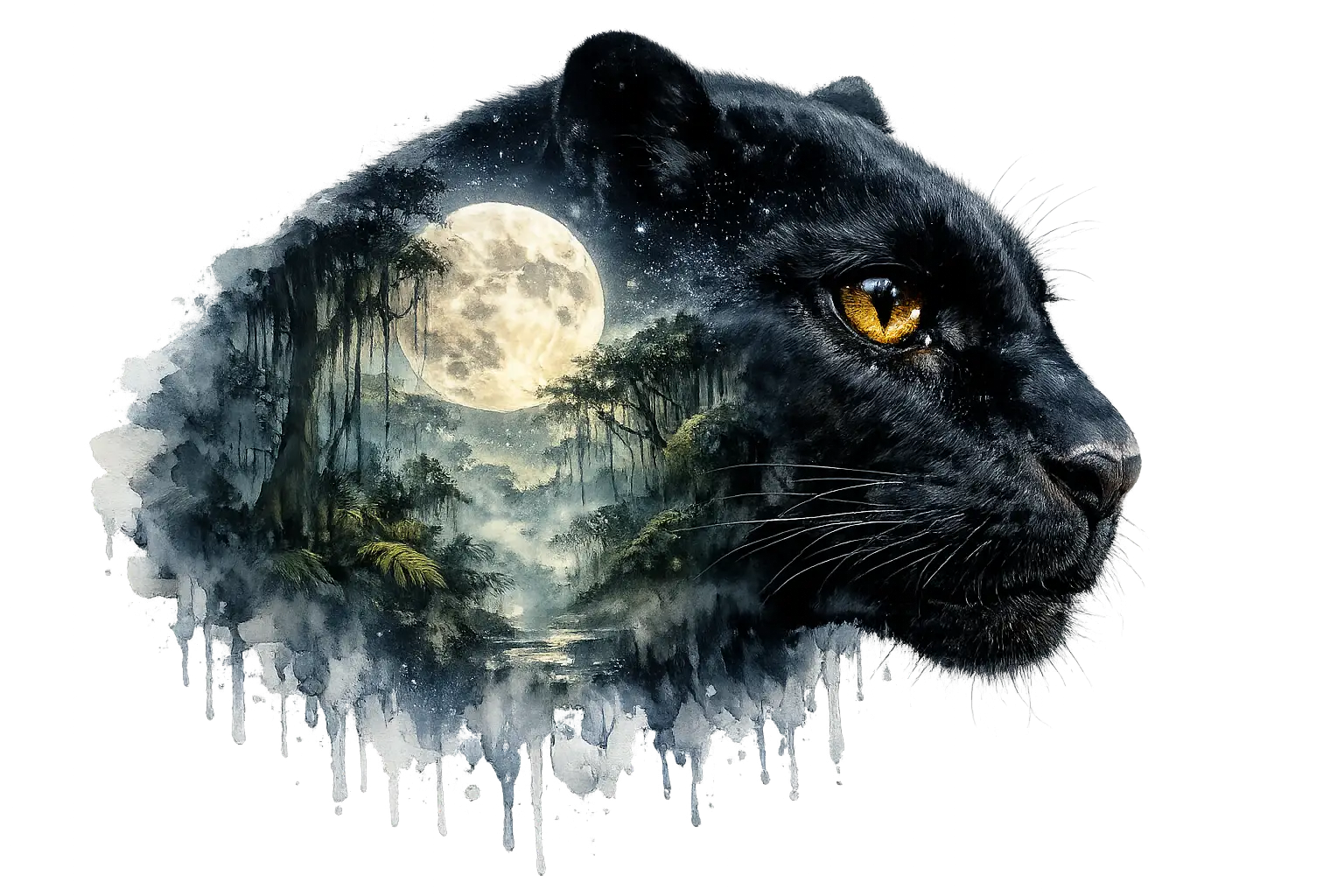 Profilo surreale di pantera nera con giungla luminosa al chiaro di luna