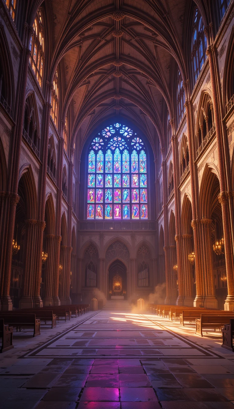 Luz vibrante de vitral na nave de uma antiga catedral