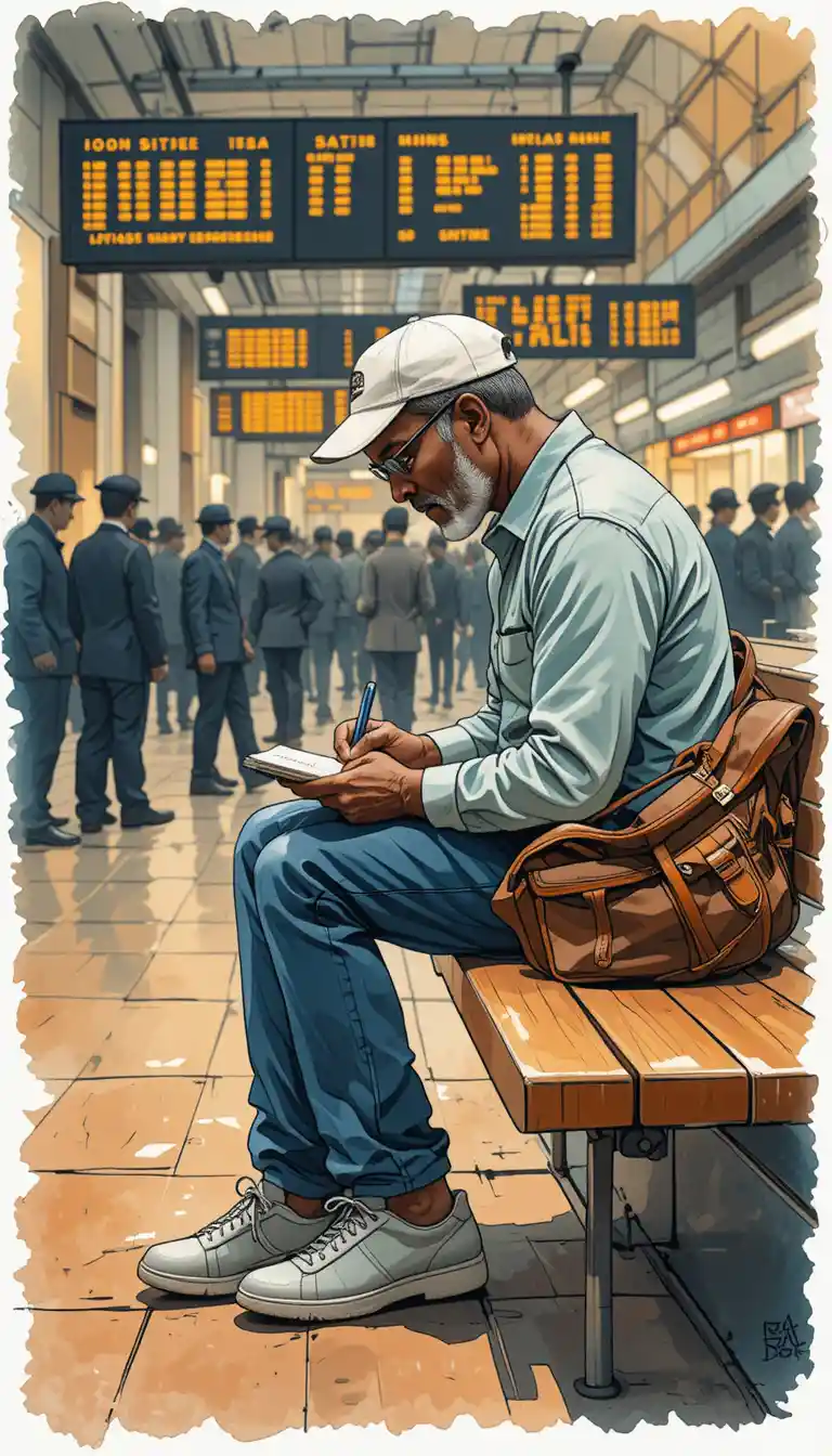 Man writing in notebook on bench in busy train station