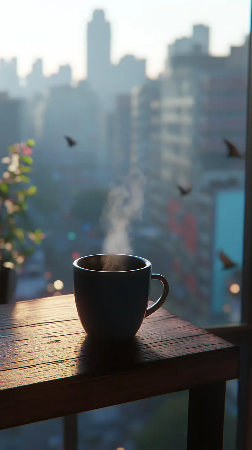 Tazza di caffè fumante su un tavolino di legno sopra la città che si risveglia