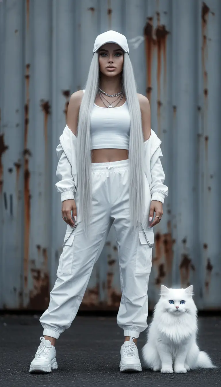 Donna stilosa in streetwear bianco davanti a una parete metallica industriale