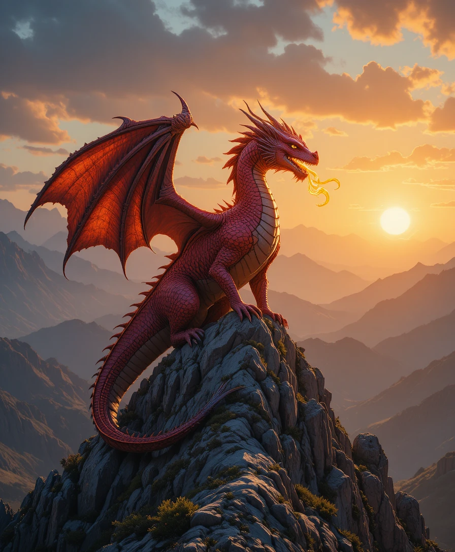 Roter Drache auf zerklüftetem Berggipfel bei feurigem Sonnenuntergang