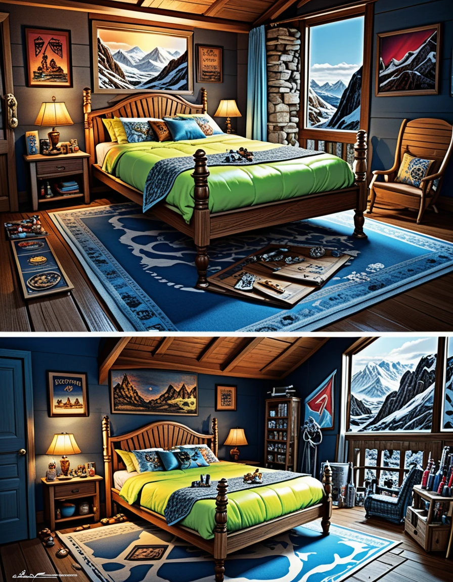 Isometric A frame mountain cabin interior and exterior diorama