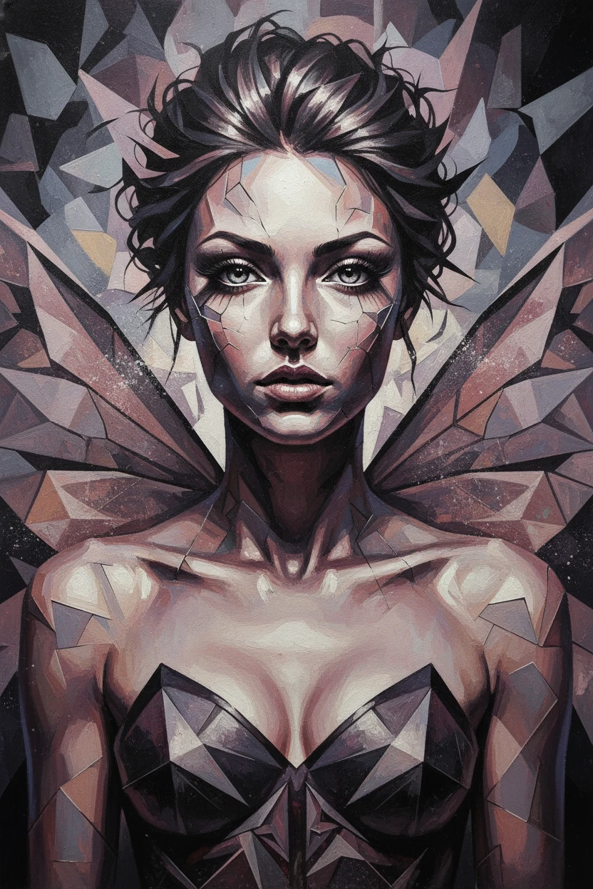 Cubist fairy portrait with angular geometric facial fragments
