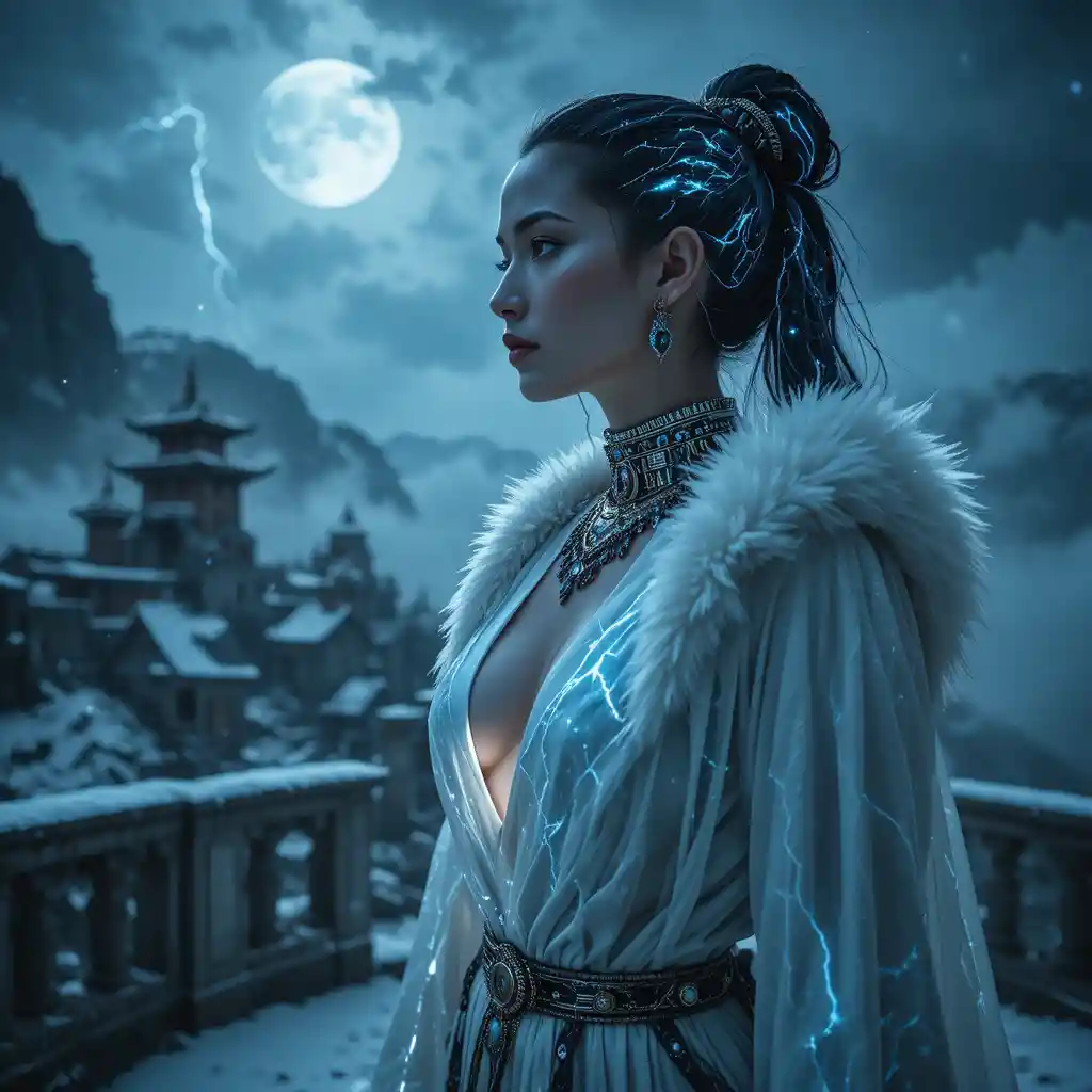 Powerful woman on stormy mountain monastery terrace at night