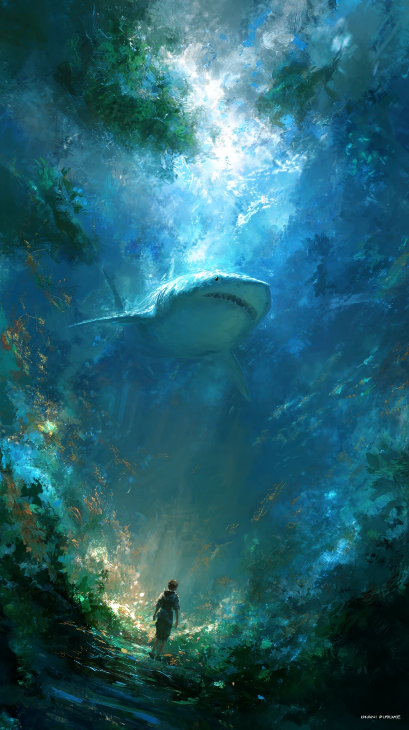 Padre protector atento a los tiburones con su hija pequeña
