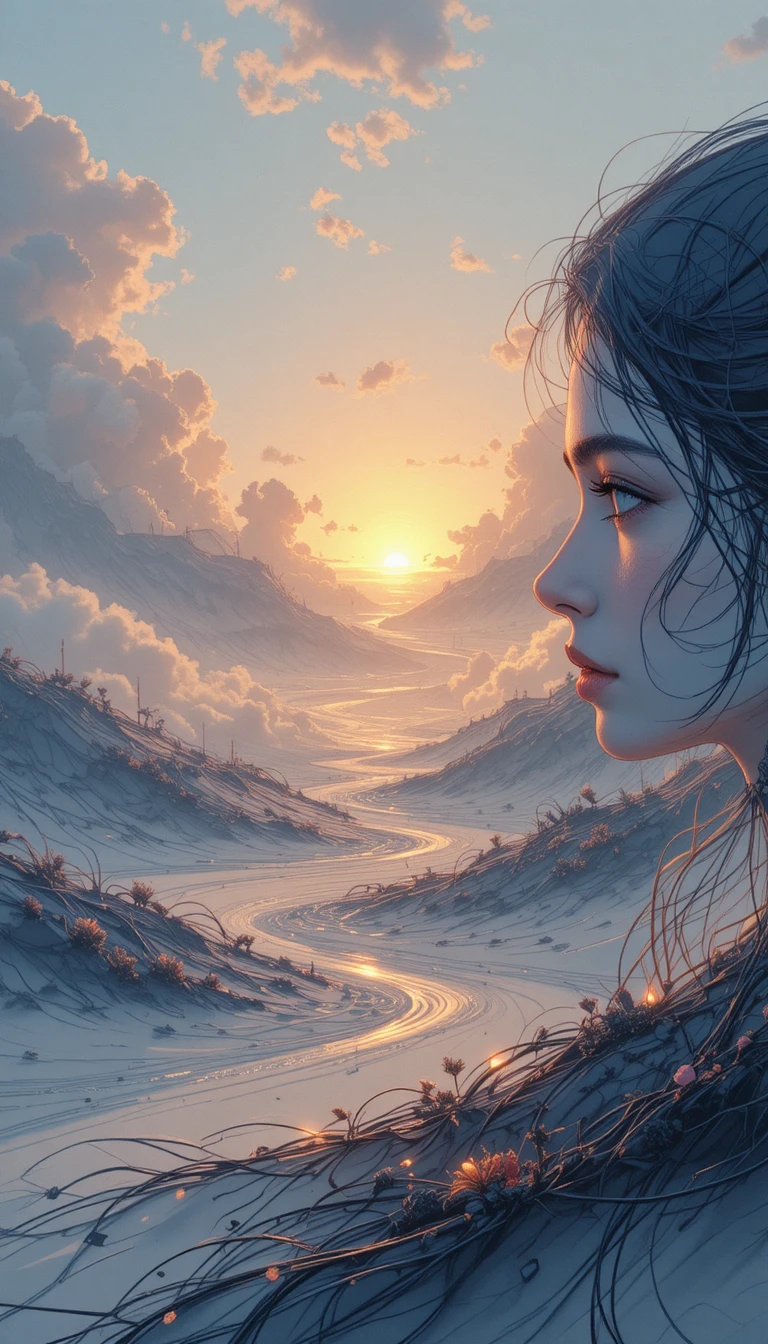 Dibujo minimalista de paisaje fantástico con cielo de amanecer resplandeciente
