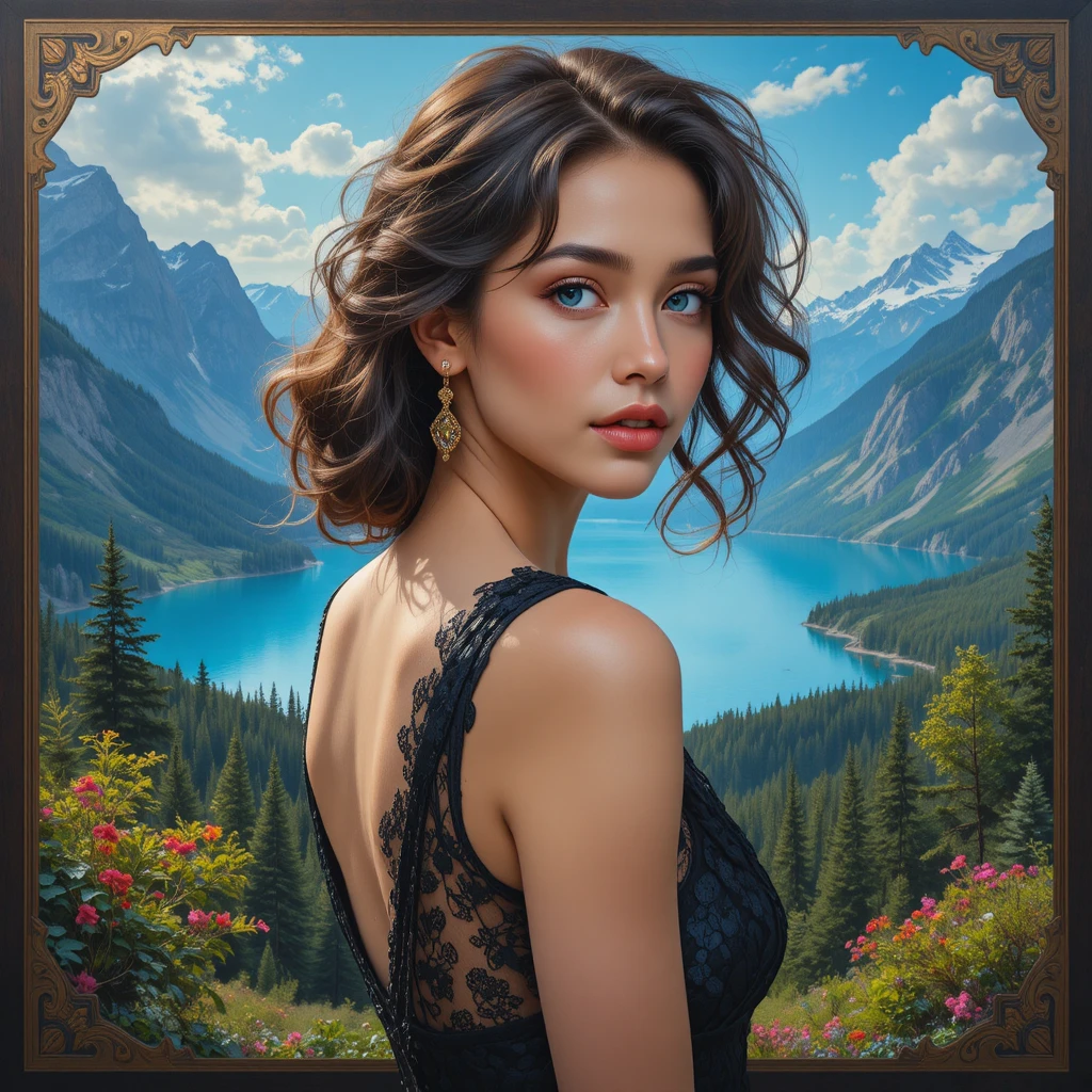 Romantic portrait of a brunette woman before sunlit mountains
