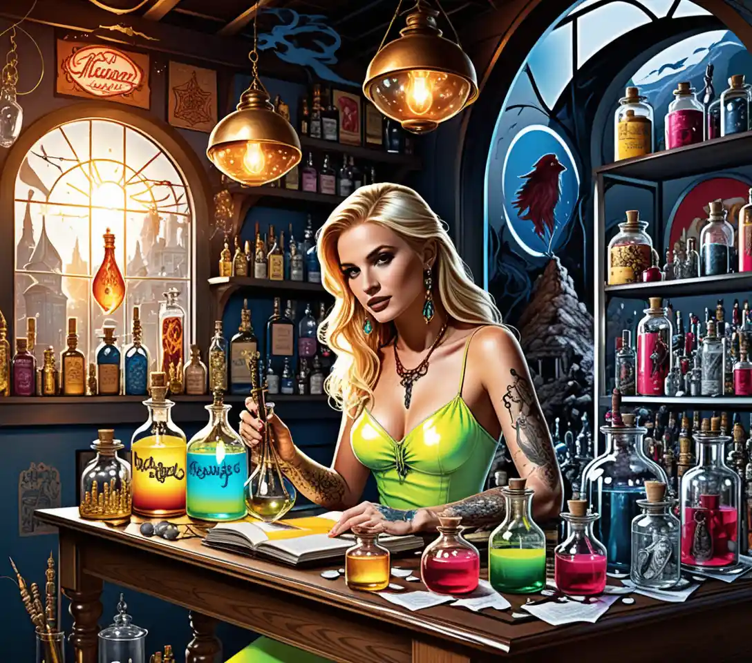Apothicaire fantasy baignée de soleil avec une femme blonde mélangeant des potions