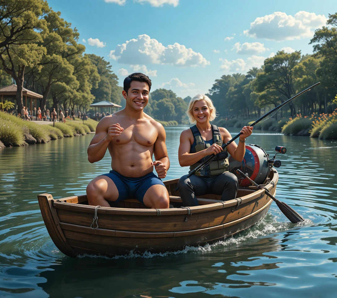 Happy couple relaxing at a sunny summer water park