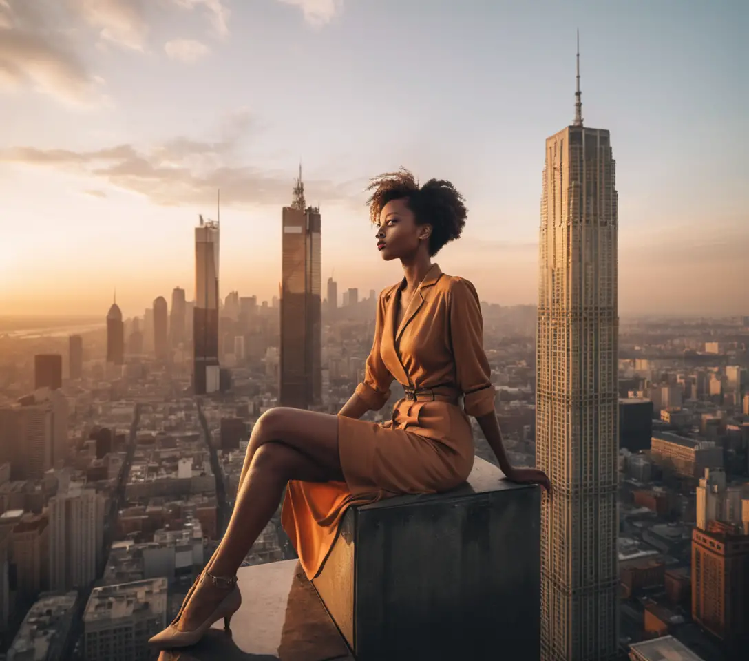 Mulher em arranha‑céu acima do horizonte da cidade ao pôr do sol
