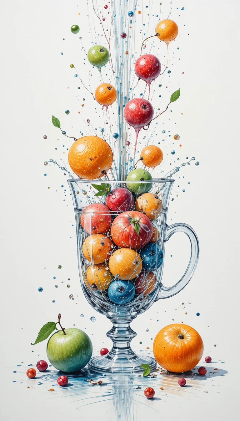 Frutta colorata che cade in un calice di cristallo trasparente