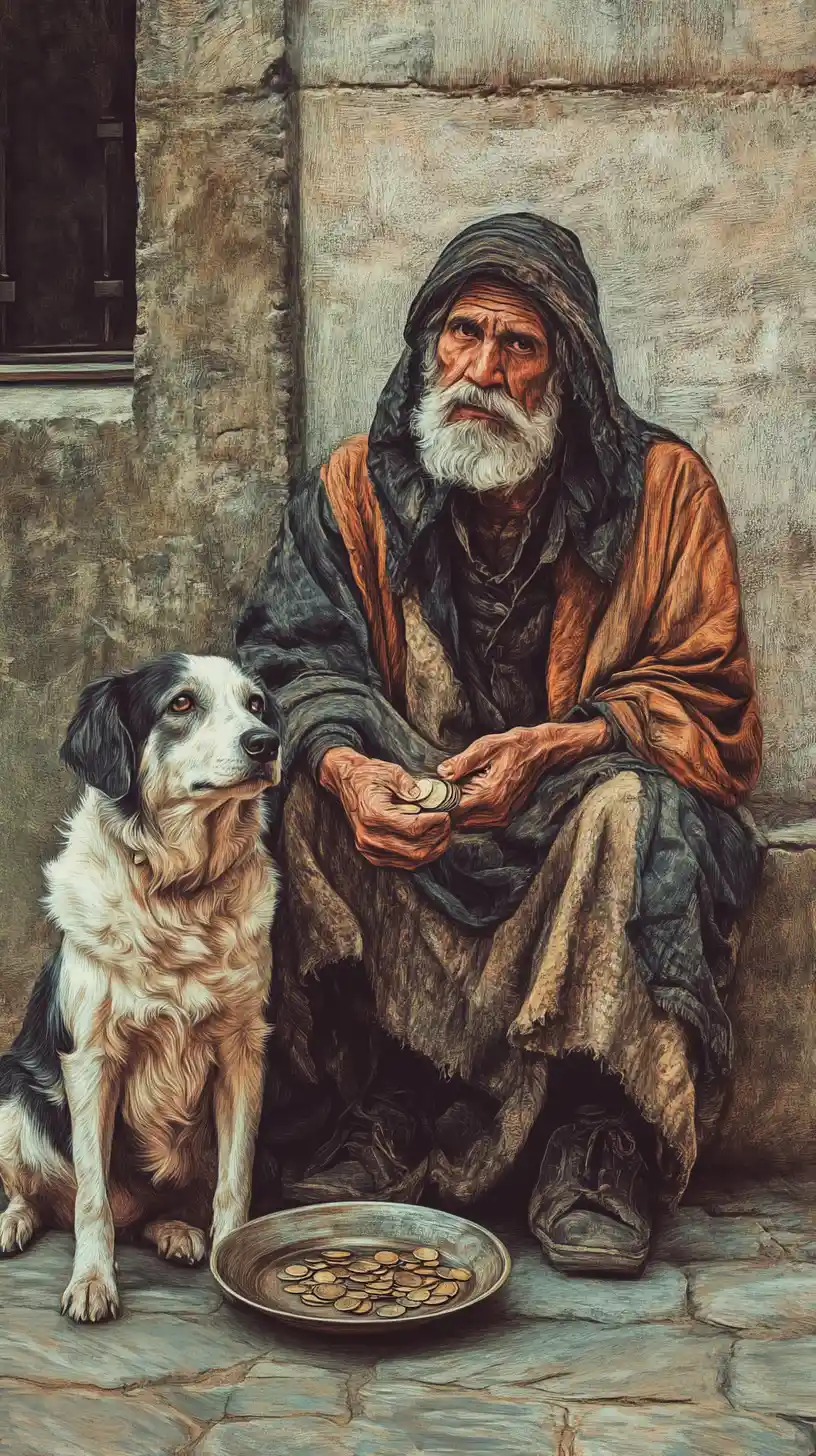 Beggar Sitting With His Dog Against A City House Wall