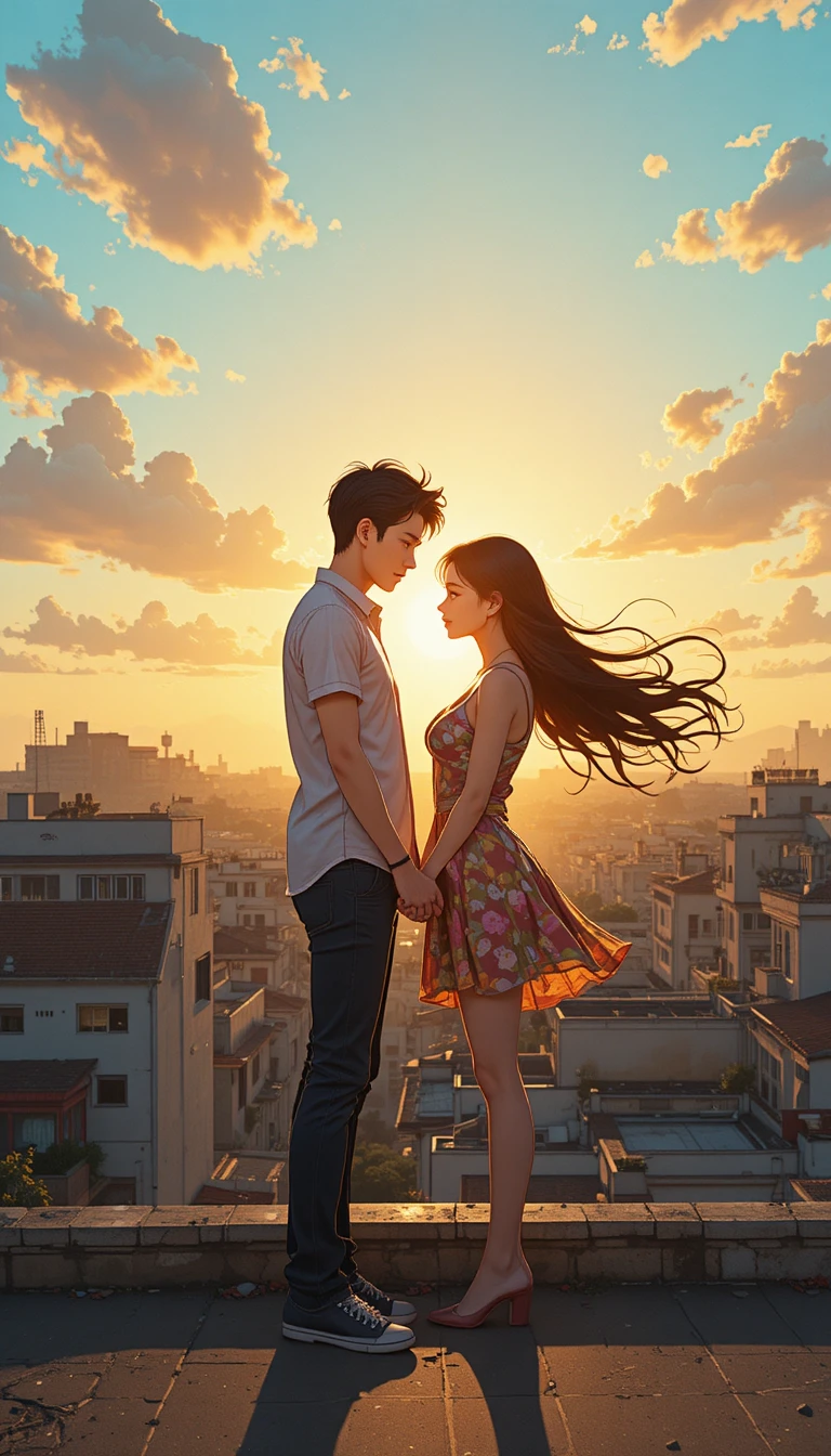Casal de anime em um telhado ventoso ao pôr do sol dourado