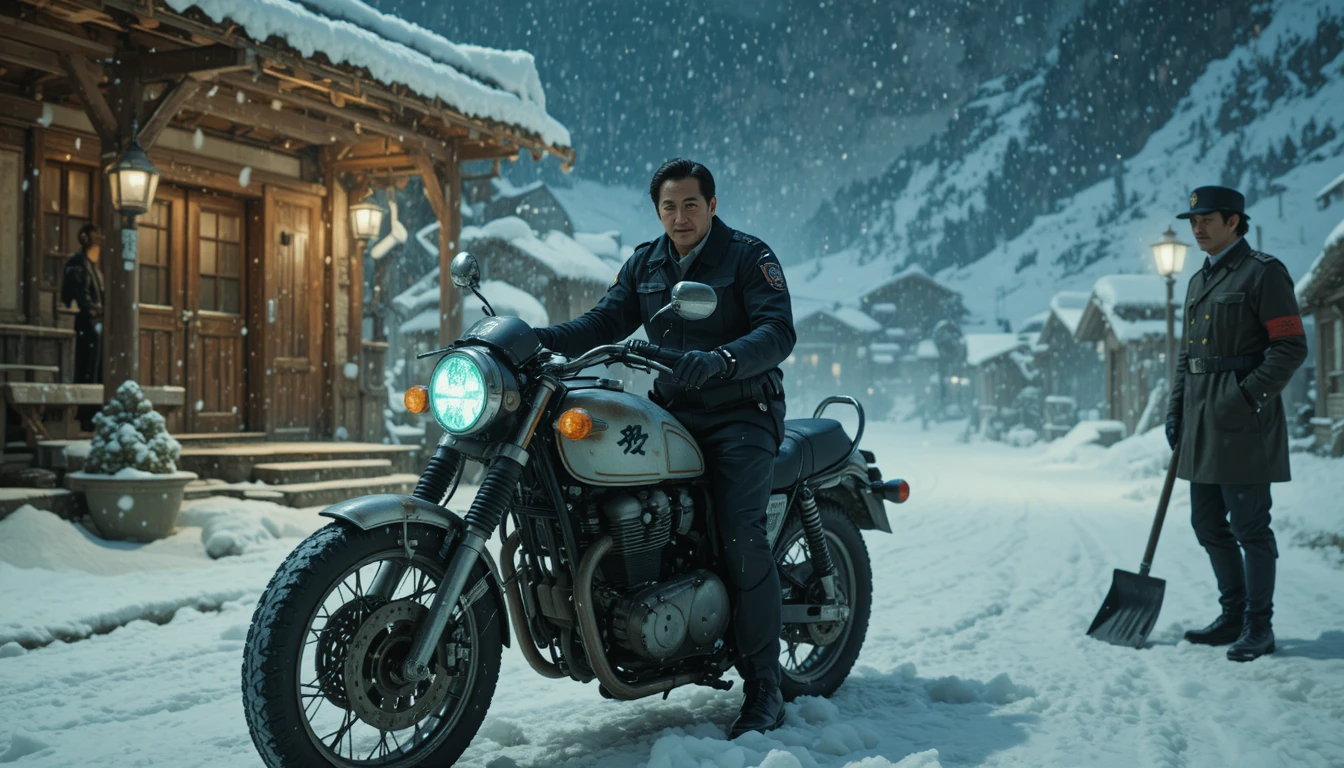 Poliziotto in moto in un villaggio di montagna innevato di notte