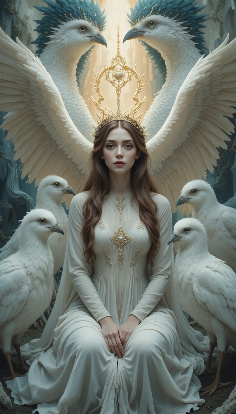 Mystical woman with owls in ethereal renaissance scene