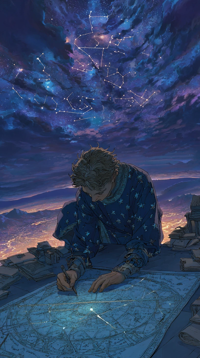Jovem cartógrafo celestial desenhando constelações sob um céu cósmico