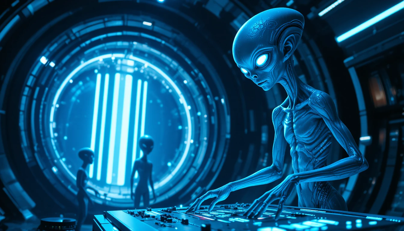 Alto alienígena azul operando una consola futurista brillante