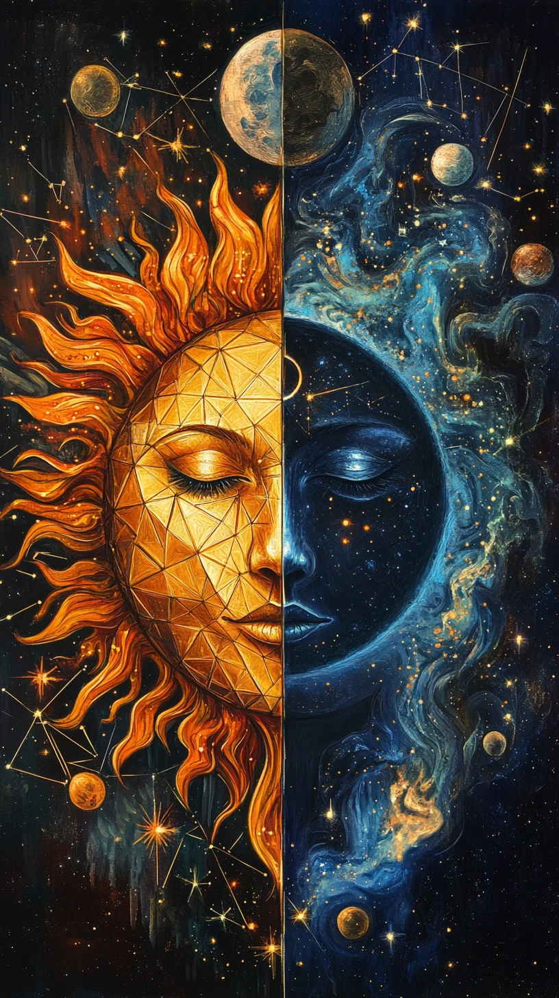Volto surreale di fusione tra sole e luna con sfondo cosmico