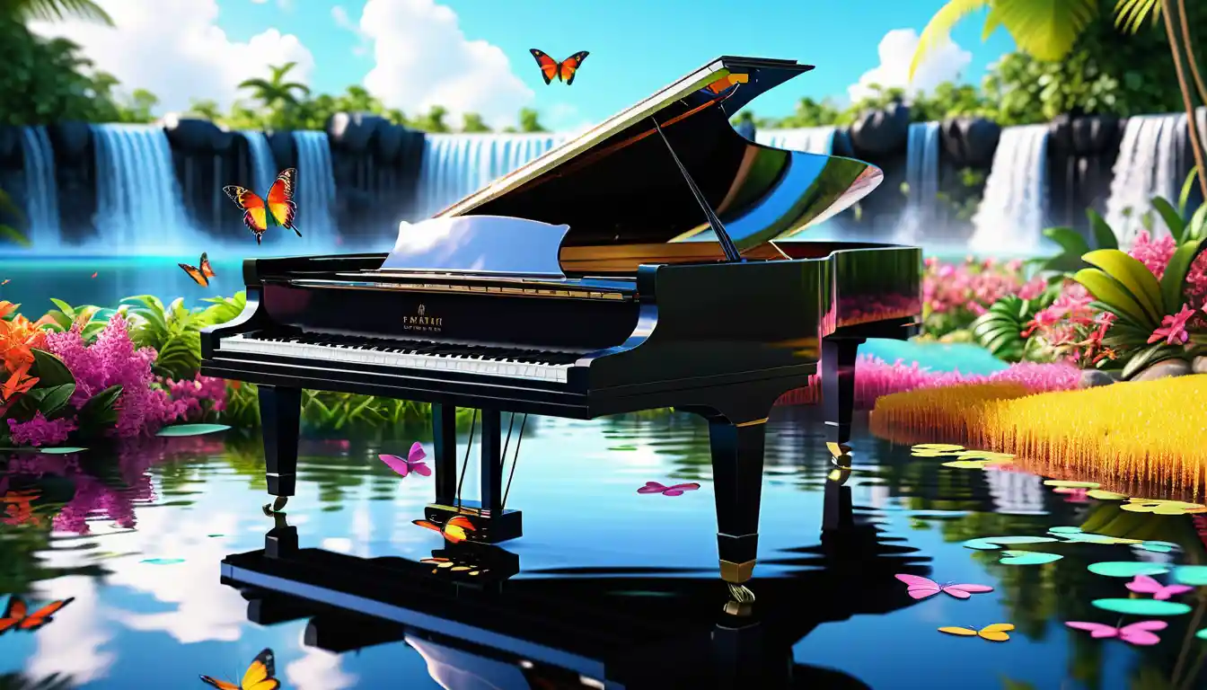 Glossy Black Grand Piano On Waterfall Island With Butterflies