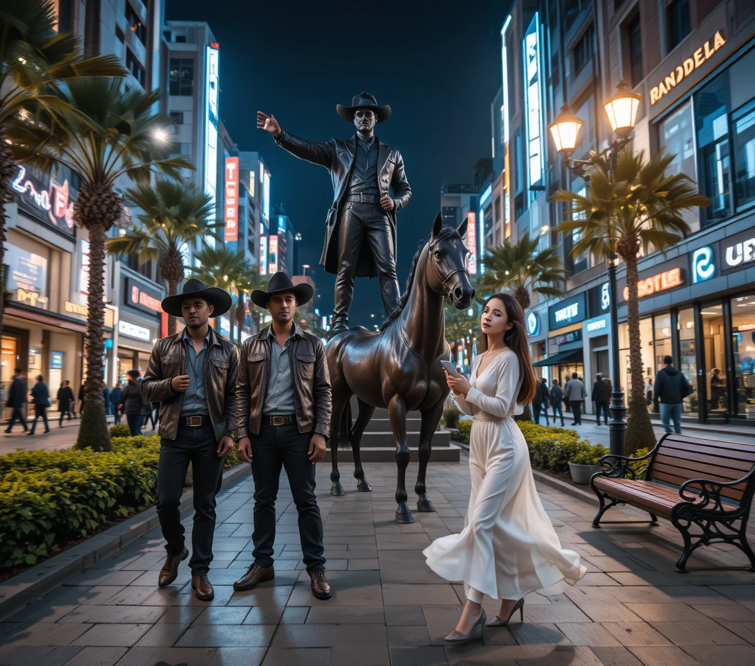 Night city street with statue cowboys and passing woman
