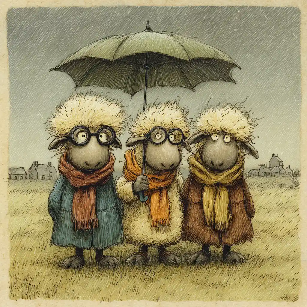 Three shaggy sheep under an umbrella in the rain
