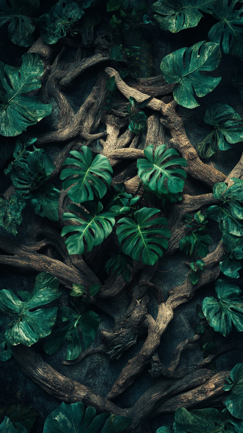 Trono de monstera surgindo de uma árvore caída na floresta