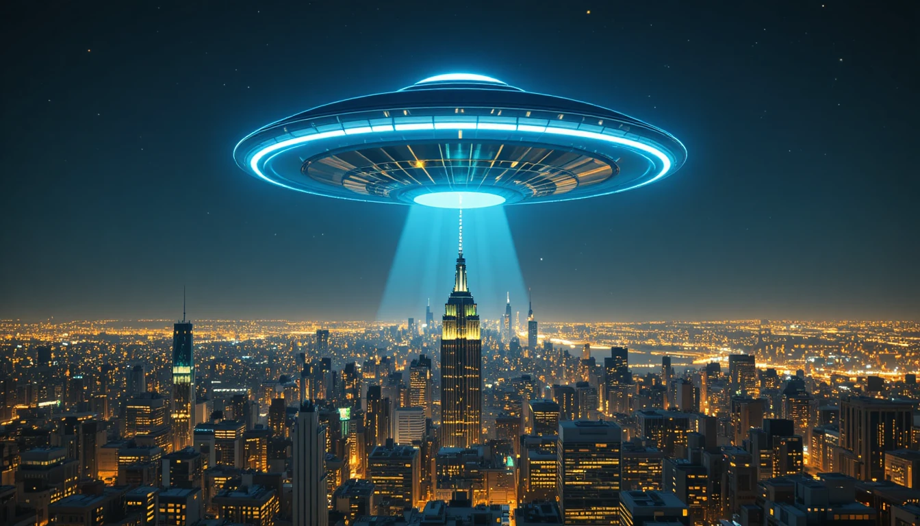 UFO hovering above glowing night city skyline