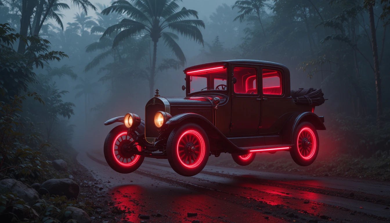 Carro vermelho em neon flutuando em selva enevoada ao entardecer