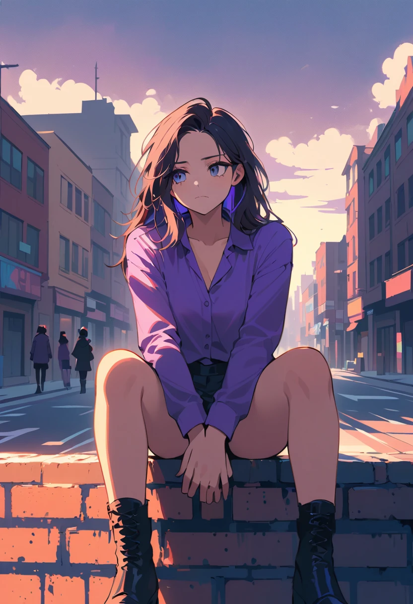 Jeune femme en violet assise sur un mur de briques