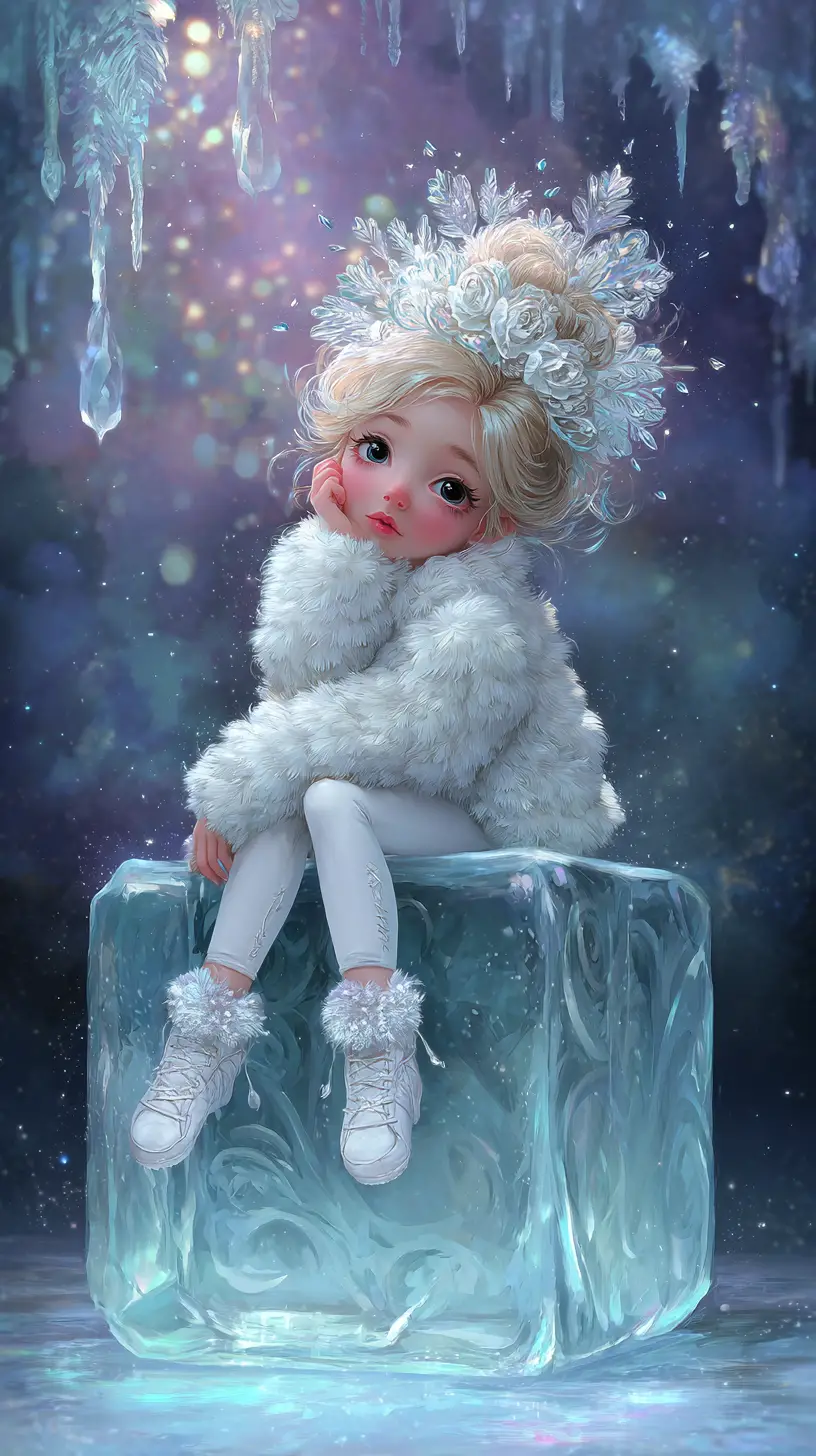 Jeune fille d’hiver assise sur un gigantesque cube de glace