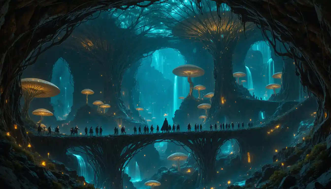 Cidade subterrânea bioluminescente com criaturas insetoides e raízes