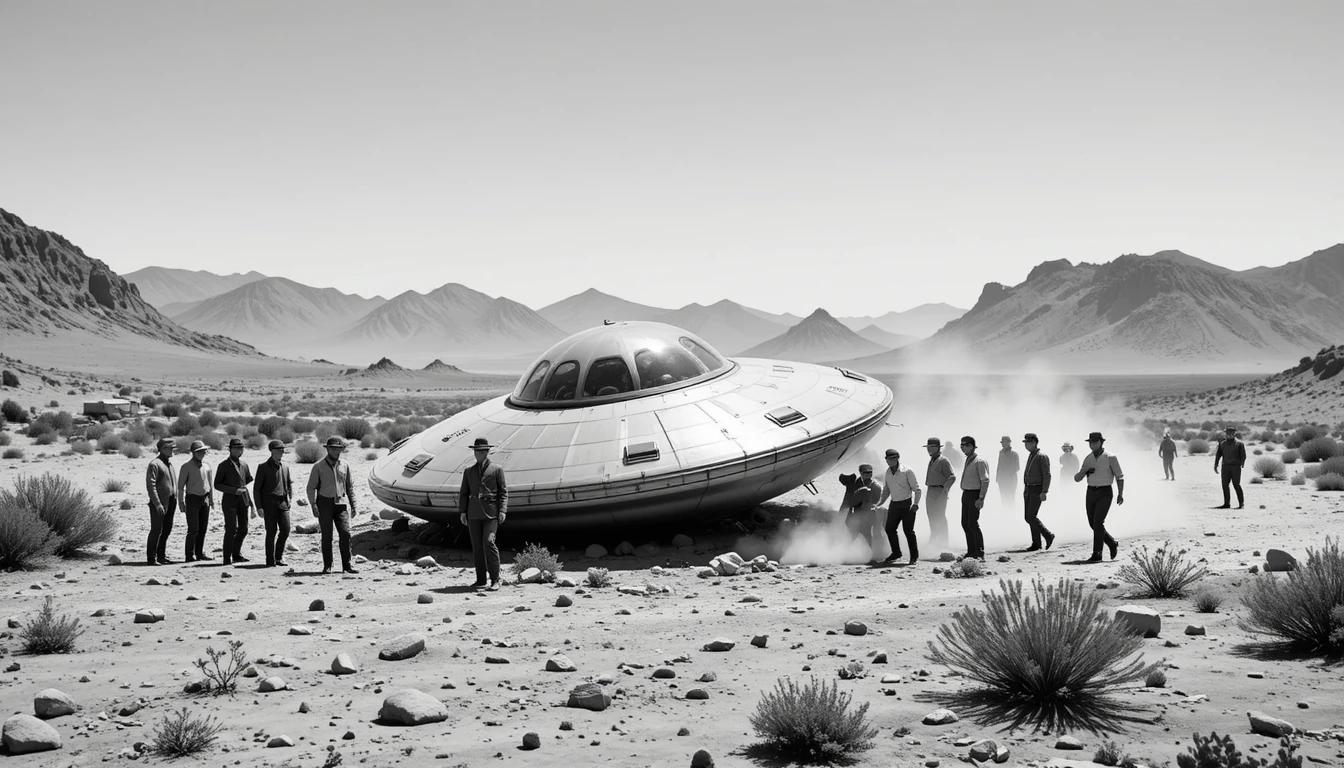 Men Inspect A Crashed Flying Saucer In Desert Landscape