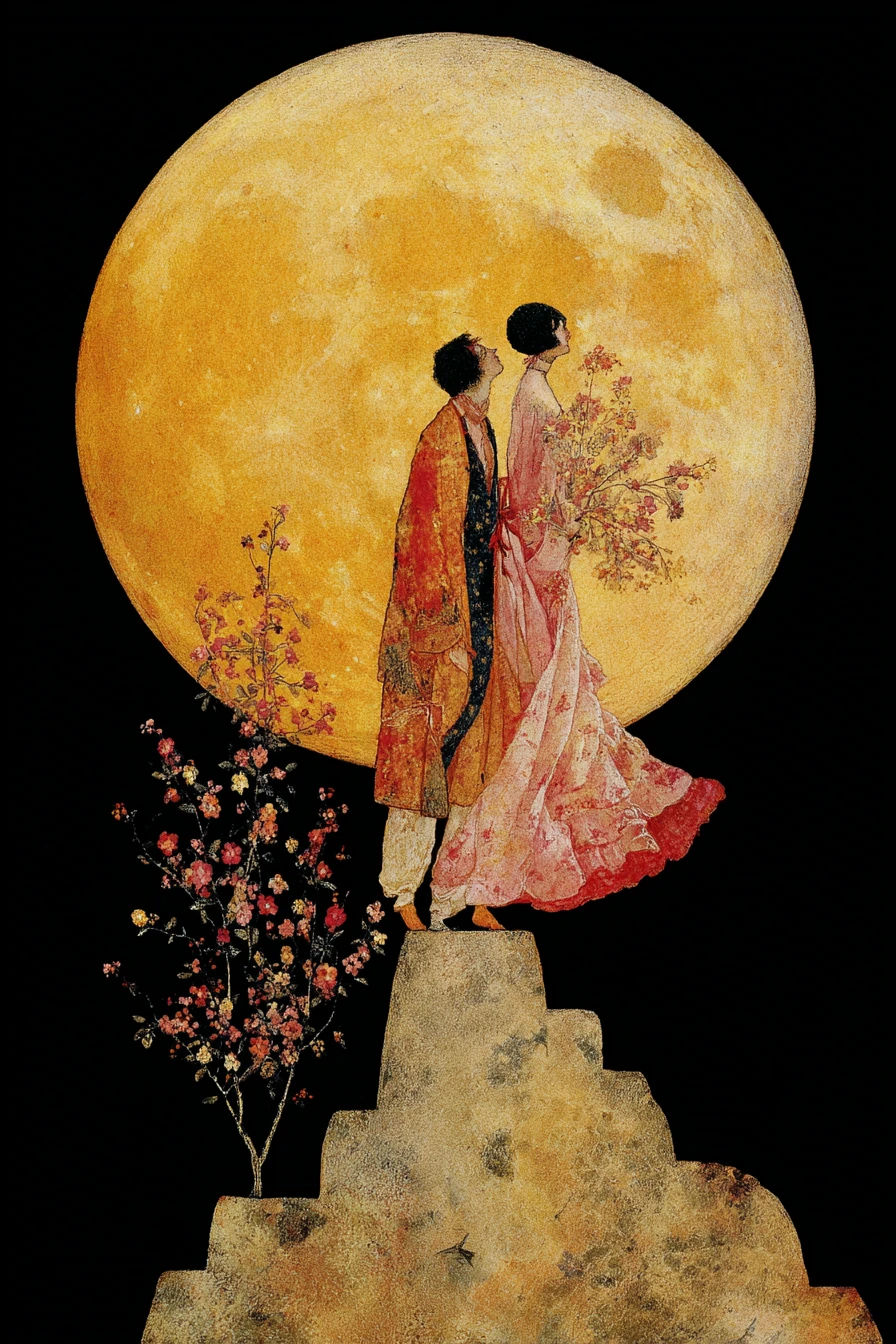 Romantic couple under a golden full moon in surreal sky