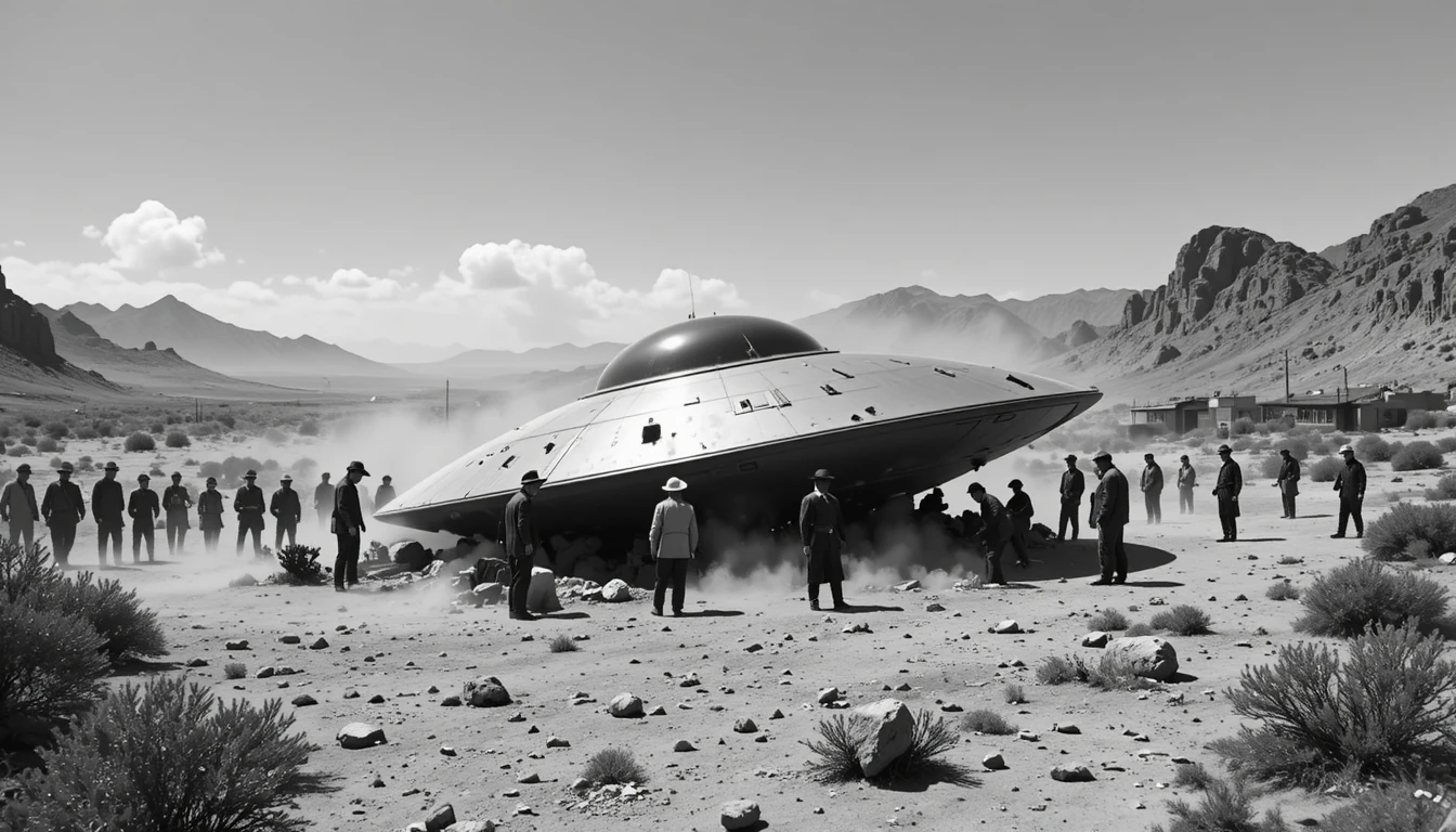 Men Inspect A Crashed Flying Saucer In Desert Landscape