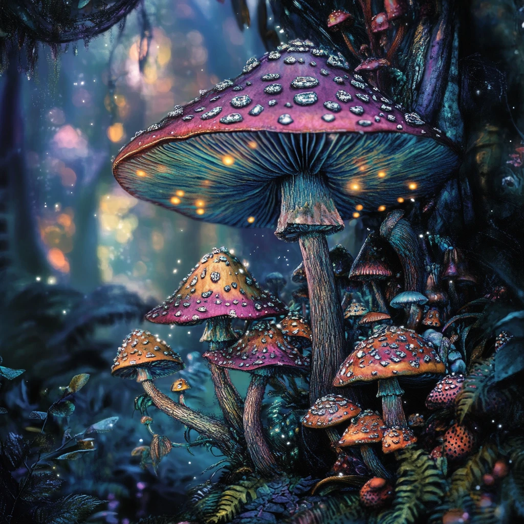Surreal forest of giant colorful mushrooms with silver spots