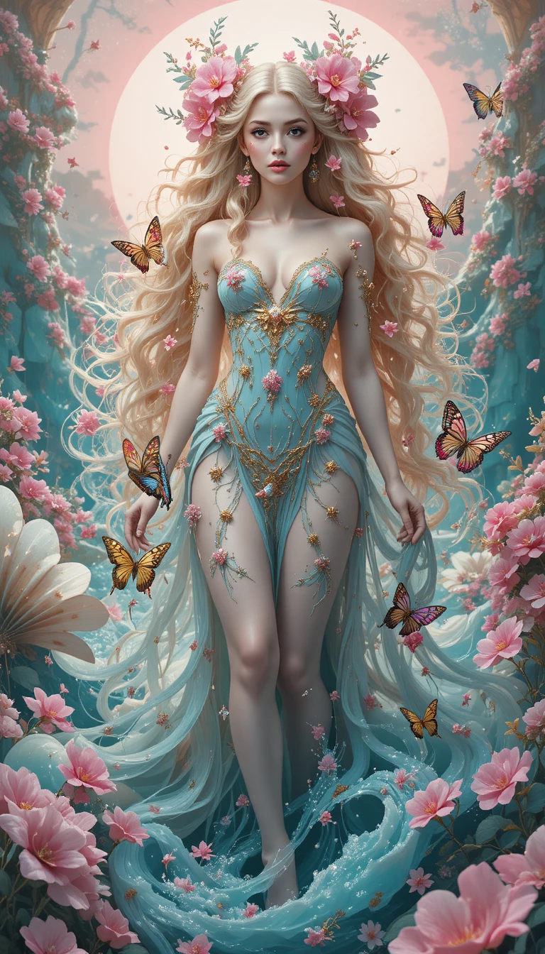 Afrodite che sorge dalla spuma del mare in un tramonto rosa brillante