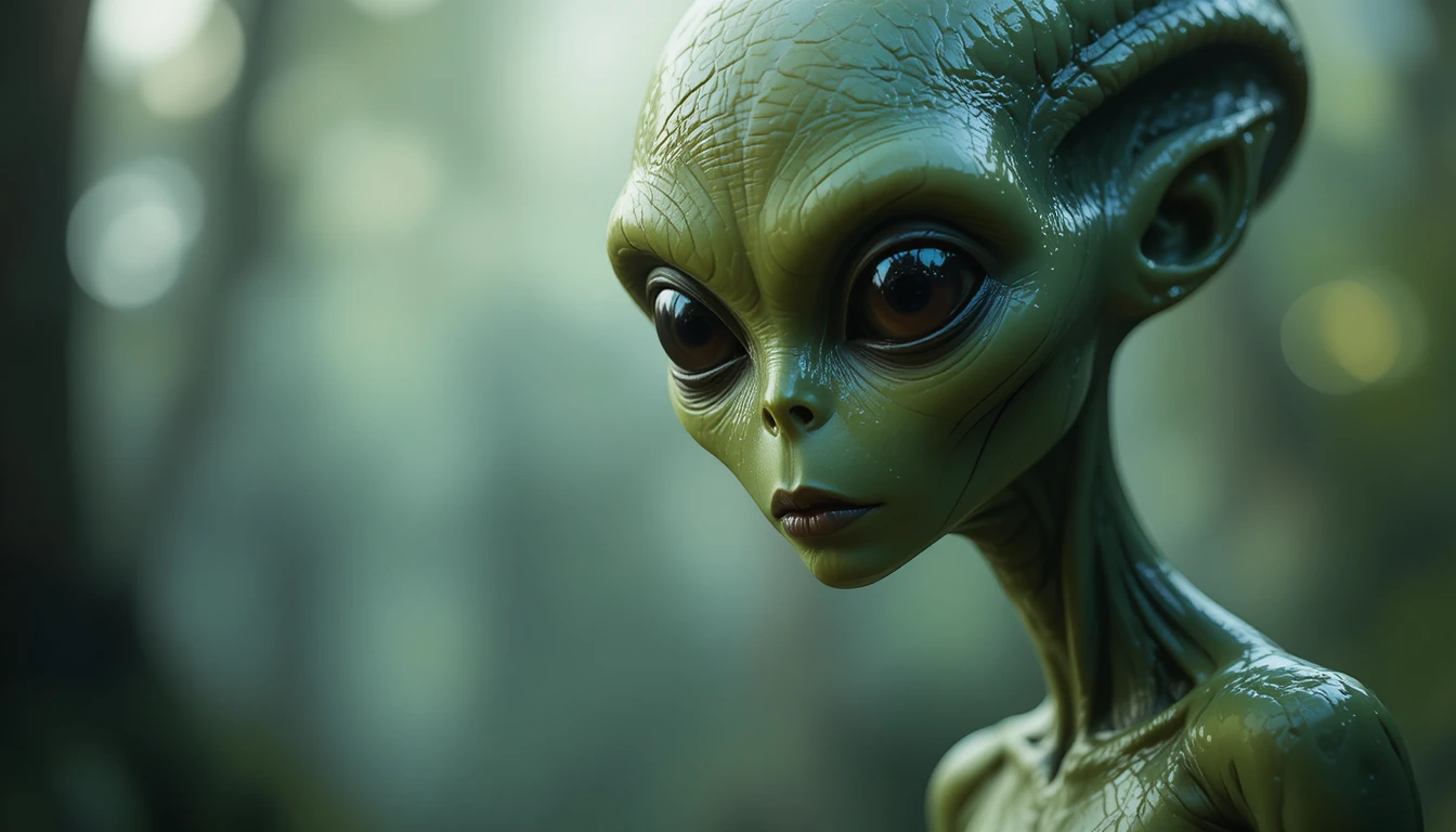 Alien verde sombrío en primer plano con ojos oscuros y reflectantes