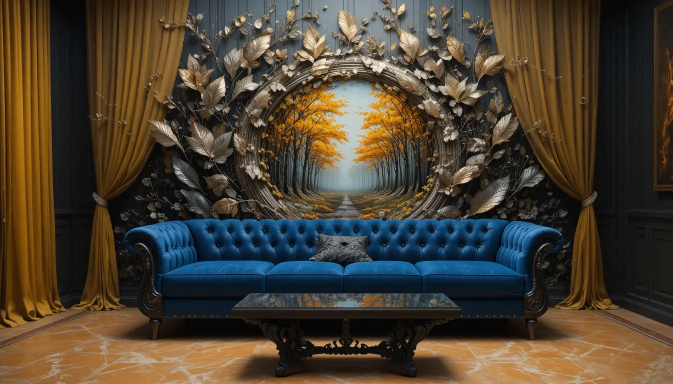 Salon luxueux avec canapé bleu foncé et table en verre