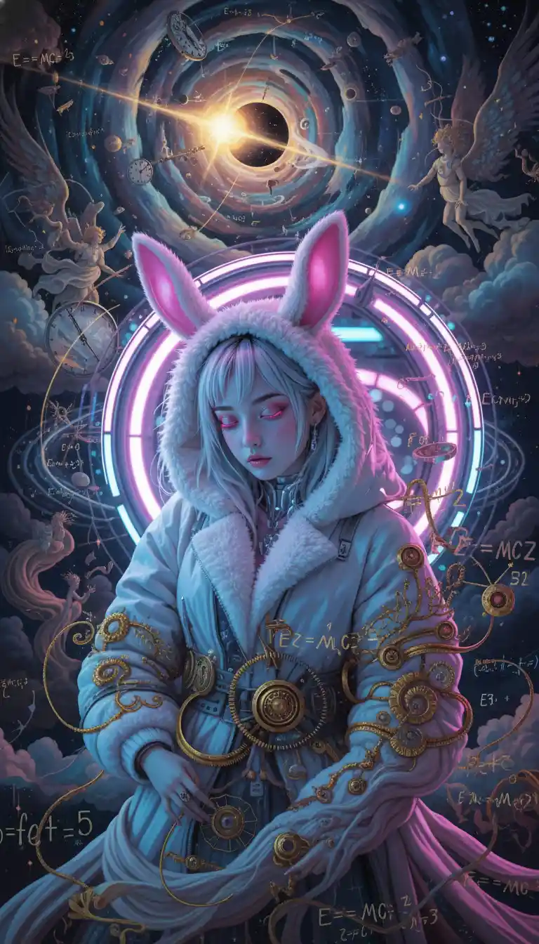 Surreal fashion woman in a relativity inspired dreamscape
