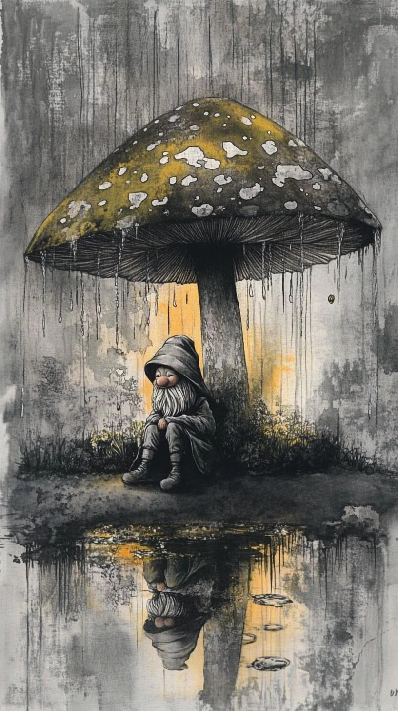Gnome sous un Champignon Lumineux dans un Jardin Fantastique Pluvieux