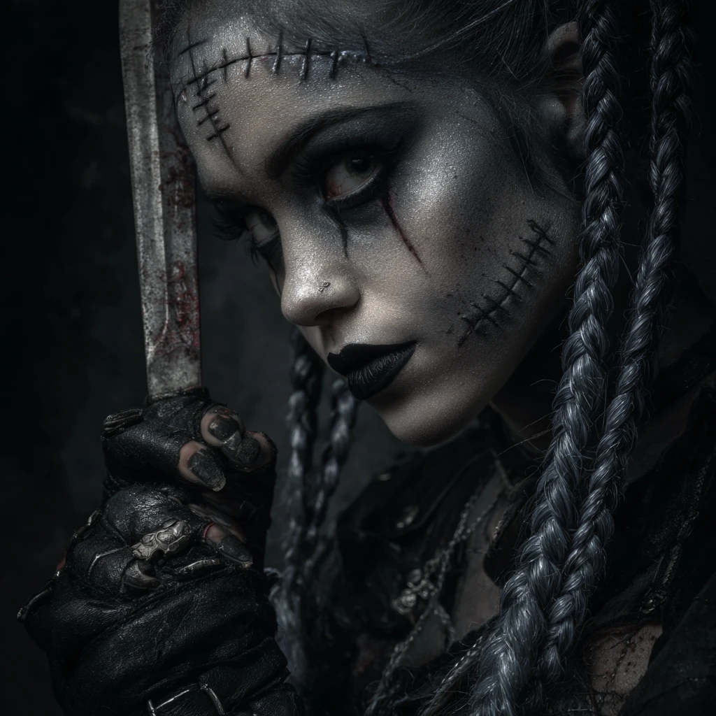 Undead goth rogue woman with dagger and stitched grey skin