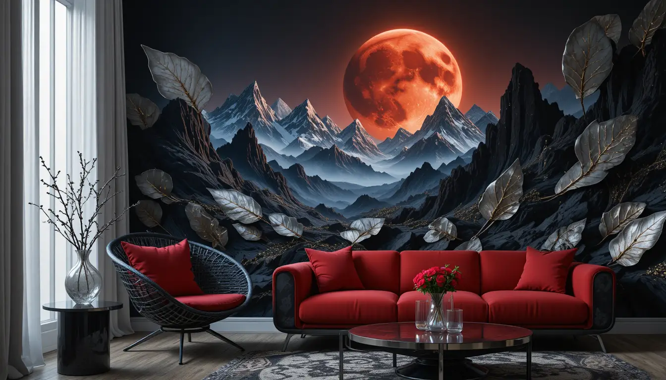 Black chair and red cushion by moonlit mountain mural