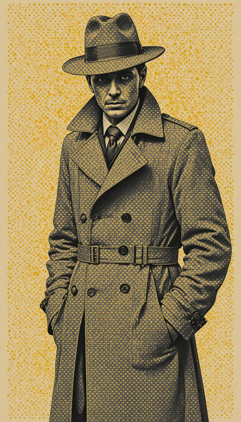 Detective in trench in stile vintage mezzatinta con punti sbiaditi