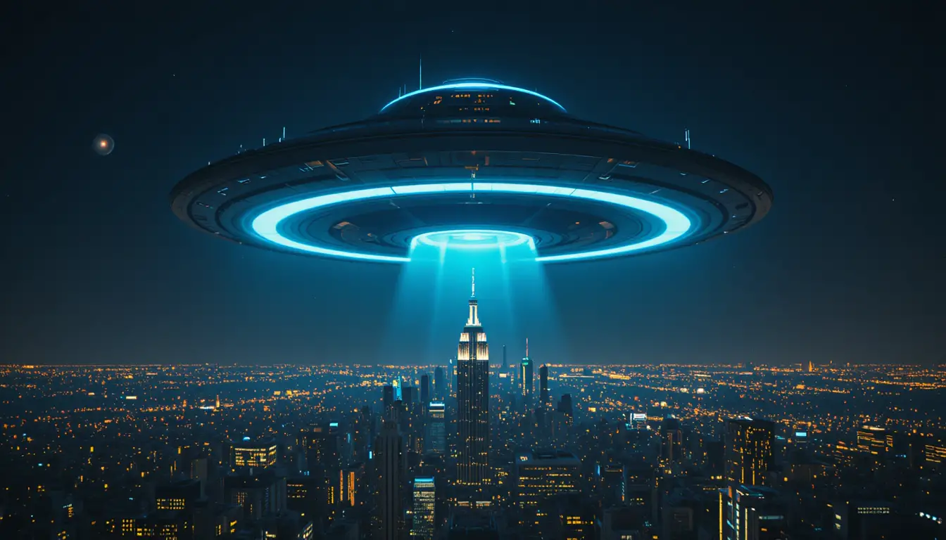 Glowing ufo hovering above a sprawling night cityscape