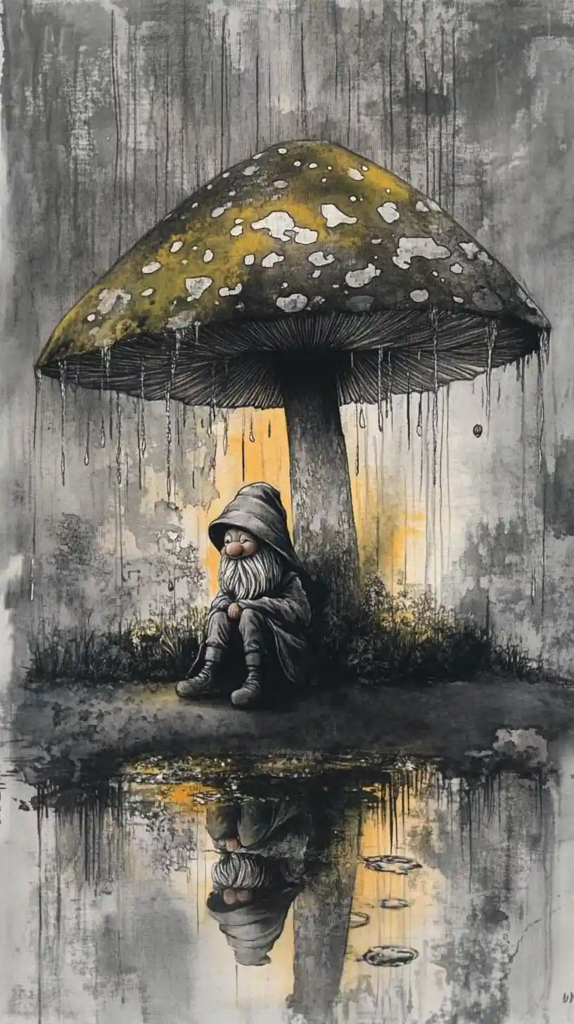 Gnome Under a Glowing Mushroom in a Rainy Fantasy Garden