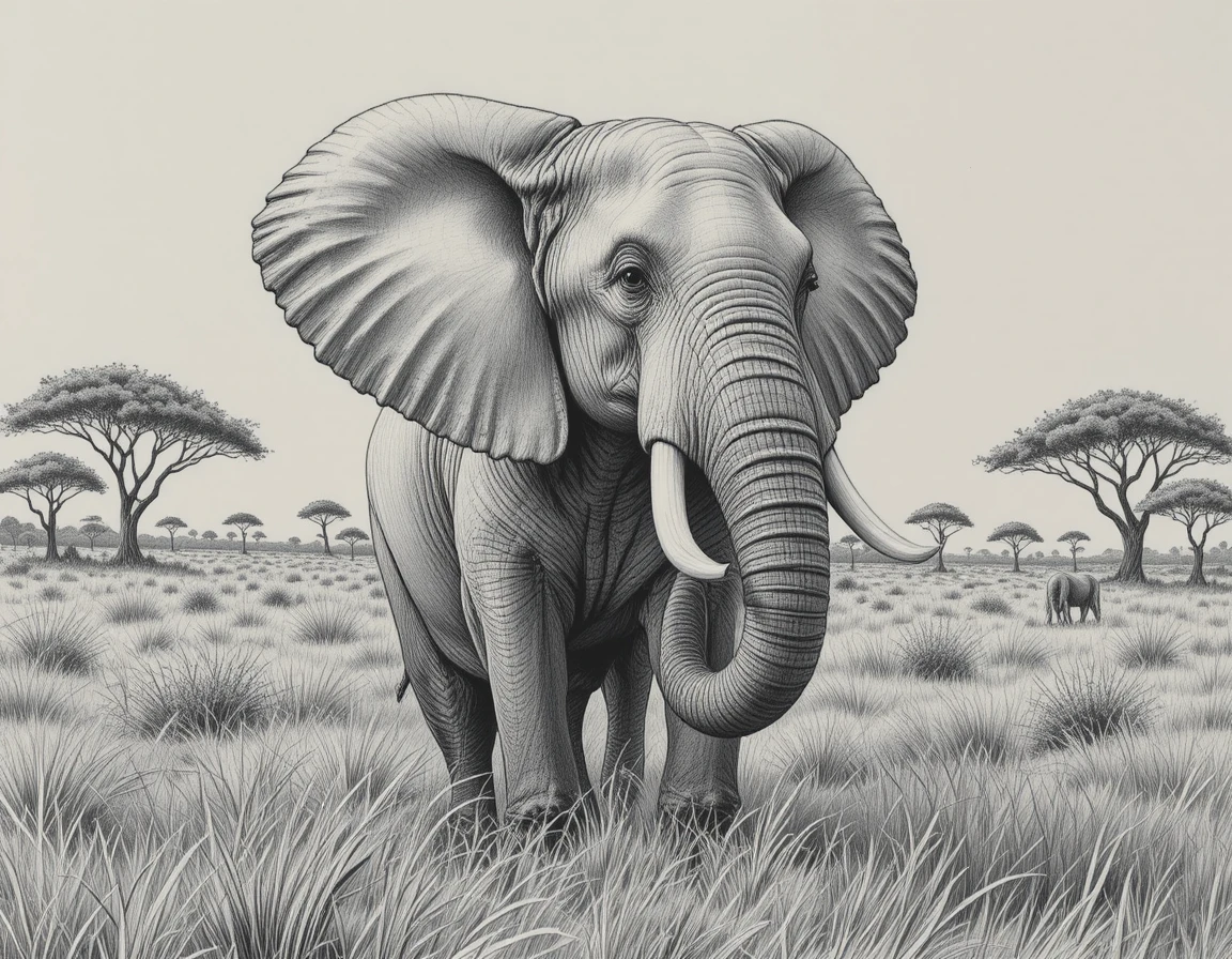 Majestoso elefante africano em um desenho de savana a lápis de cor