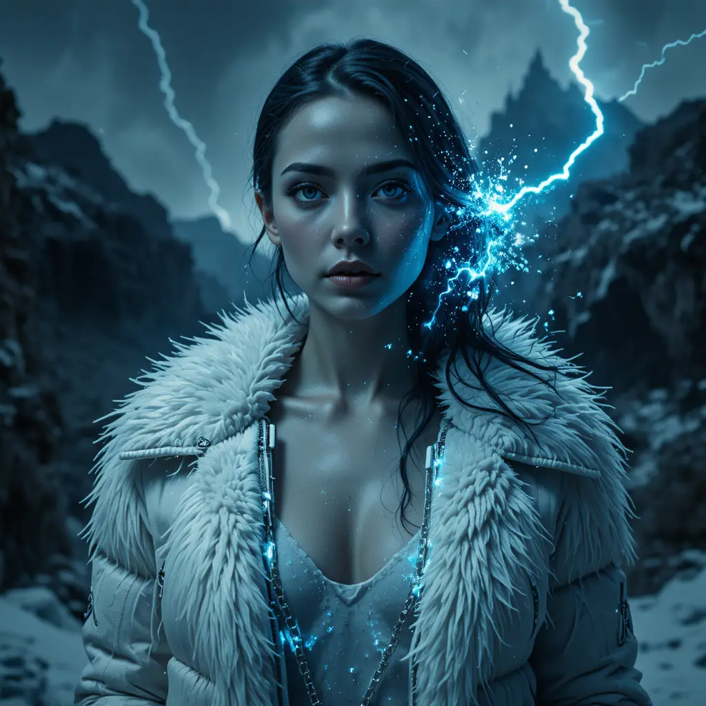 Woman in lightning lit fog at frozen canyon edge