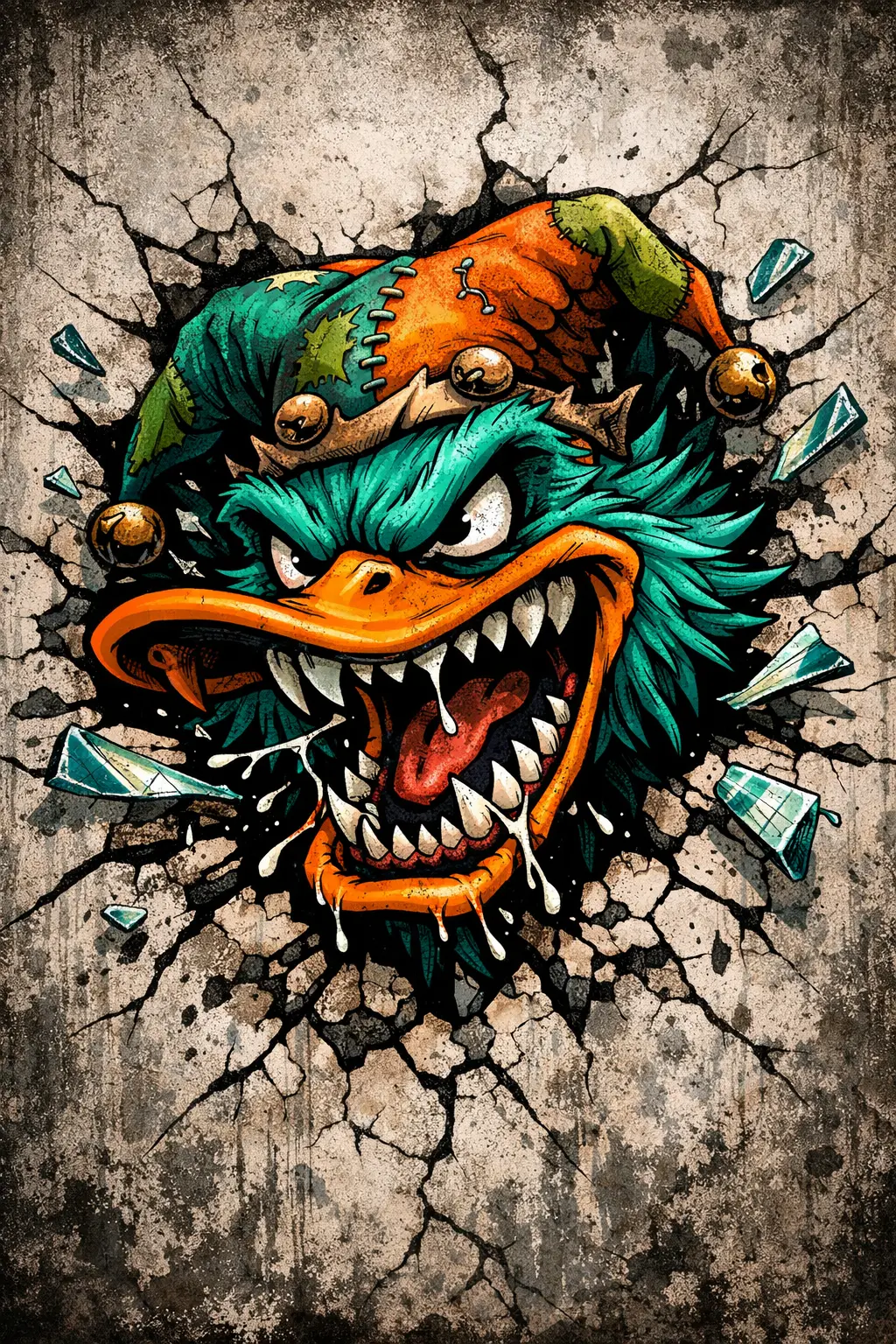 Furious graffiti duck mascot smashing through cracked wall
