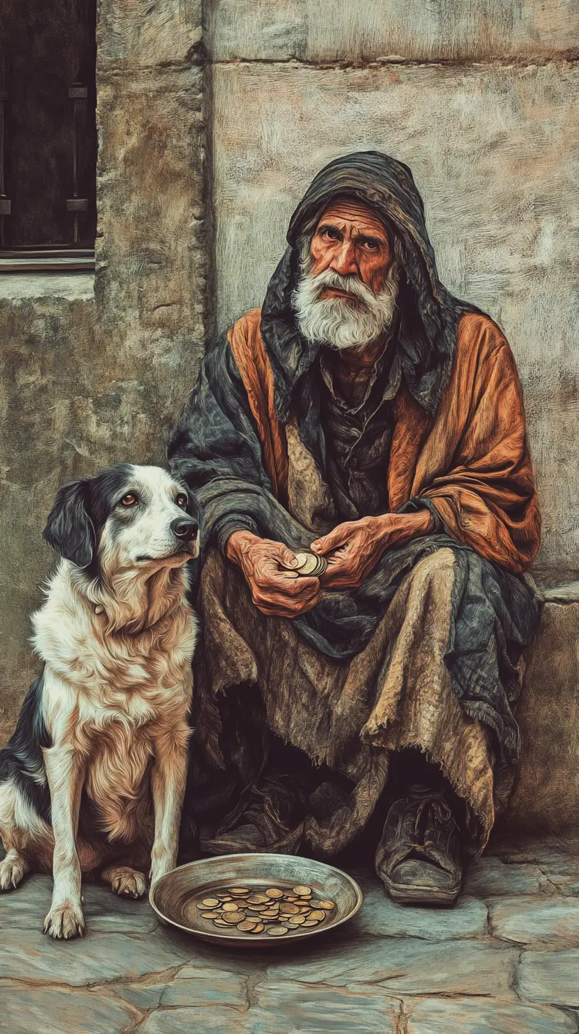 Beggar Sitting With His Dog Against A City House Wall